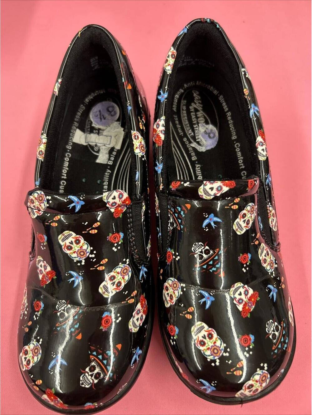 Easy Works By Easy Street Shoes. Black With Sugar Skulls. Size 8 1/2W.  EUC